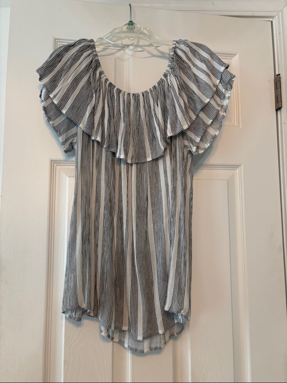 Tramp Striped Ruffle Off-Shoulder Top - Black & White